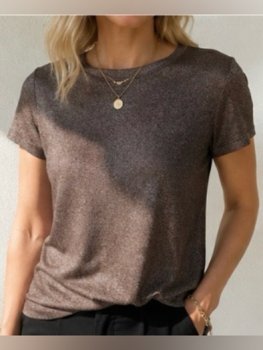 Eileen Fisher Brown Bronze Shimmer Relaxed Short Sleeve Top S